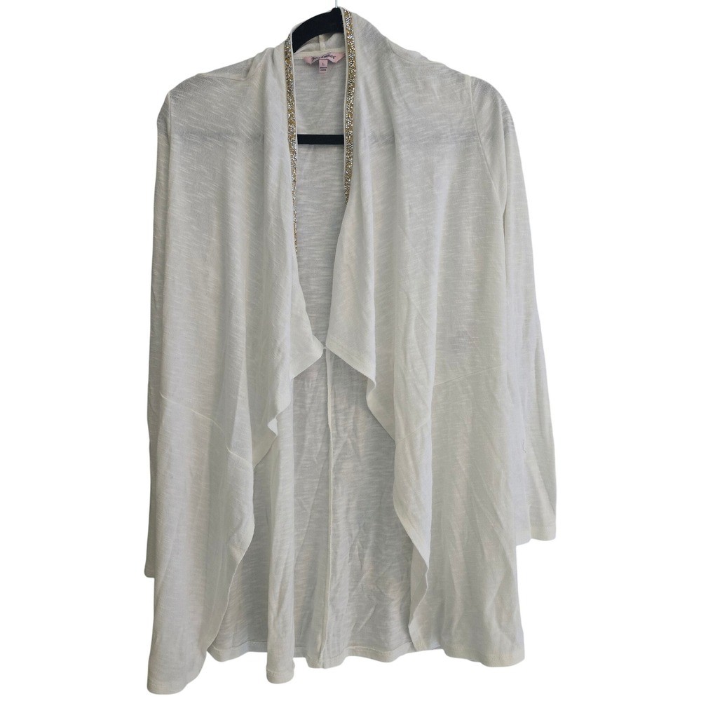Juicy Couture White Rhinestone Trim‎ Waterfall Open Front Cardigan Large